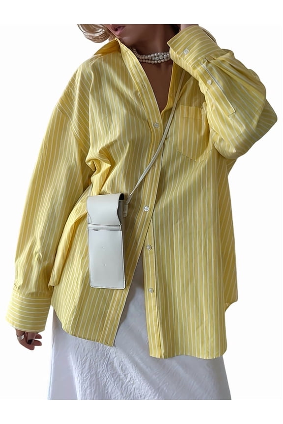 Women'S Oversized Striped Button Down Shirt Sun Protection Yellow Tops Long Sleeve Blouse Tops XL
