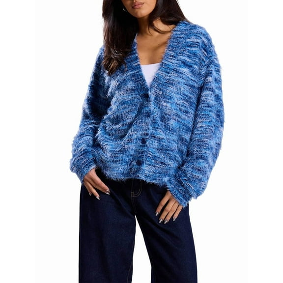 Women'S Oversized Striped Cardigan Sweaters Button Down Long Sleeve Drop Shoulder Knit Outerwear Coat Blue XL