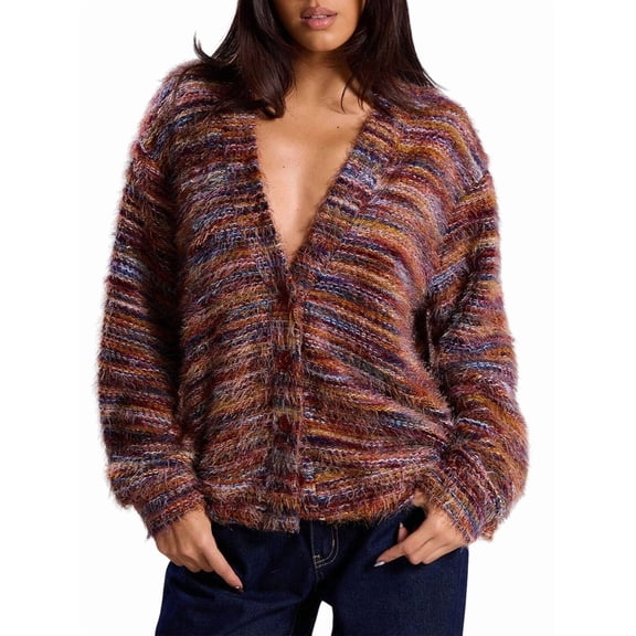 Women'S Oversized Striped Cardigan Sweaters Button Down Long Sleeve Drop Shoulder Knit Outerwear Coat Dark Red L