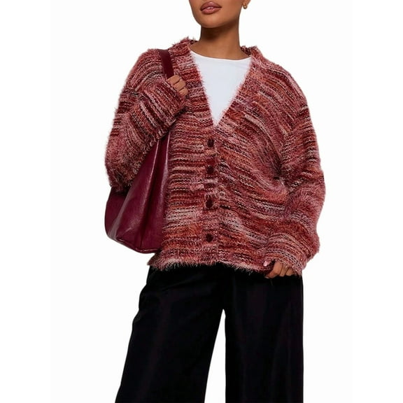 Women'S Oversized Striped Cardigan Sweaters Button Down Long Sleeve Drop Shoulder Knit Outerwear Coat Wine Red L