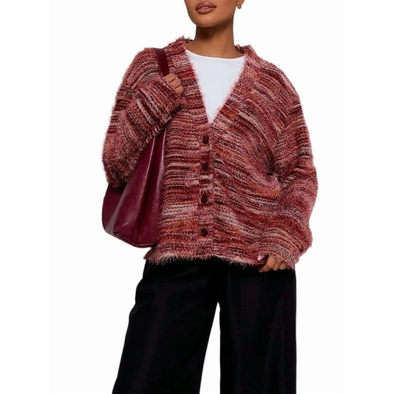 Women'S Oversized Striped Cardigan Sweaters Button Down Long Sleeve Drop Shoulder Knit Outerwear Coat Wine Red M