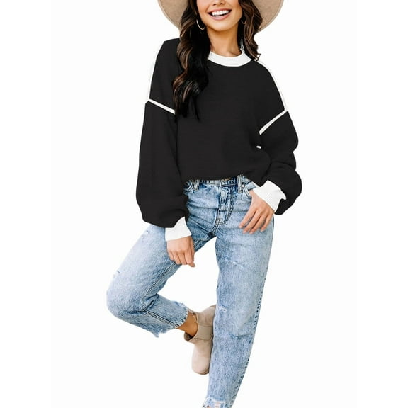 Women'S Oversized Sweater Autumn Fashion Trendy Batwing Sleeve Colorblock Striped Knit Pullover Black L