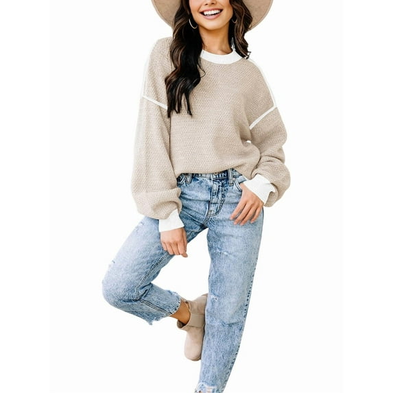 Women'S Oversized Sweater Autumn Fashion Trendy Batwing Sleeve Colorblock Striped Knit Pullover Milky S