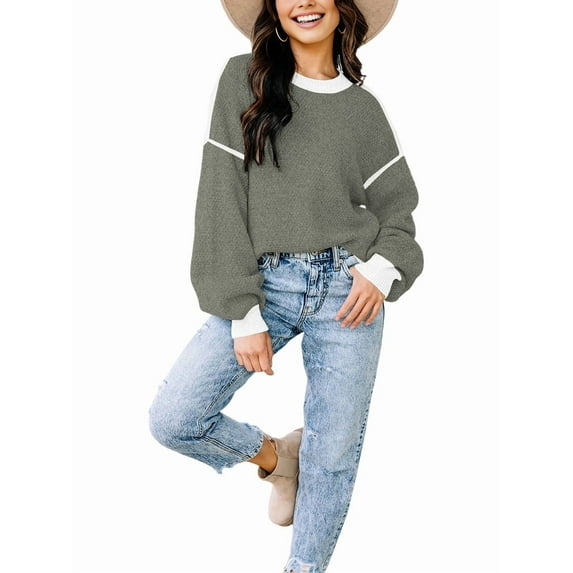 Women'S Oversized Sweater Autumn Fashion Trendy Batwing Sleeve Colorblock Striped Knit Pullover Olive Color XXXL