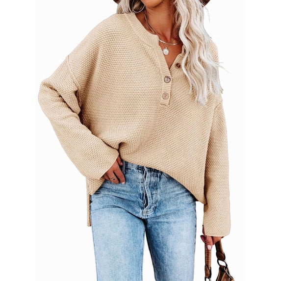 Women'S Oversized Sweaters Batwing Long Sleeve Loose V Neck Button Henley Tops Pullover Knit Jumper Apricot L