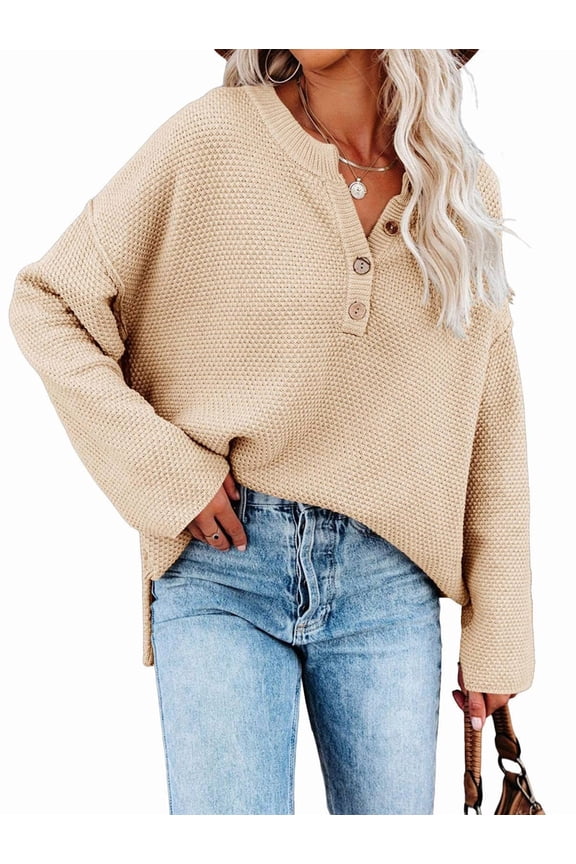 Women'S Oversized Sweaters Batwing Long Sleeve Loose V Neck Button Henley Tops Pullover Knit Jumper M
