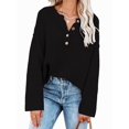thumbnail image 1 of Women'S Oversized Sweaters Batwing Long Sleeve Loose V Neck Button Henley Tops Pullover Knit Jumper Black L, 1 of 6