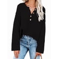 thumbnail image 1 of Women'S Oversized Sweaters Batwing Long Sleeve Loose V Neck Button Henley Tops Pullover Knit Jumper Black S, 1 of 6