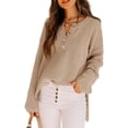thumbnail image 1 of Women'S Oversized Sweaters Batwing Long Sleeve Loose V Neck Button Henley Tops Pullover Knit Jumper Coffee Color S, 1 of 4