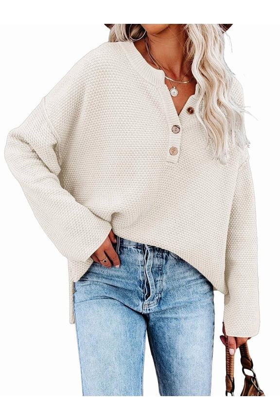 Women'S Oversized Sweaters Batwing Long Sleeve Loose V Neck Button Henley Tops Pullover Knit Jumper Cream White M
