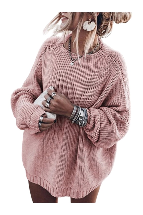 Women'S Oversized Sweaters Batwing Sleeve Mock Neck Jumper Tops Chunky Knit Pullover Sweater Pink S