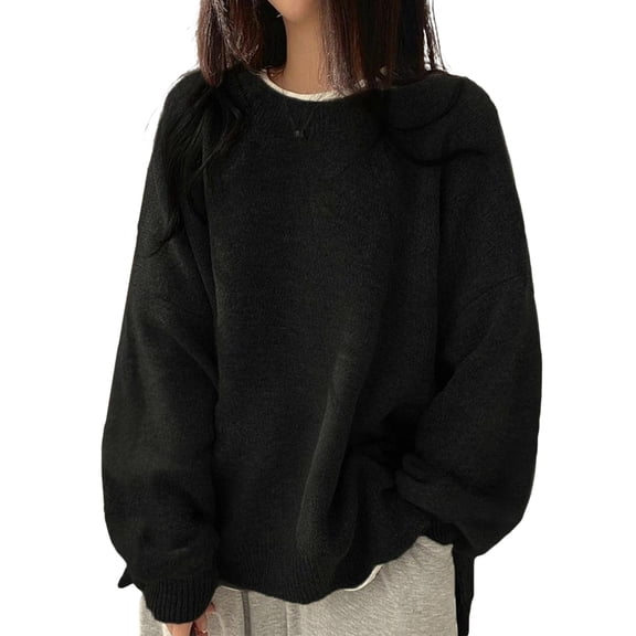 Women'S Oversized Sweaters Long Sleeve Crew Neck Fuzzy Knit Casual Chunky Pullover Sweater Fall Black XXL