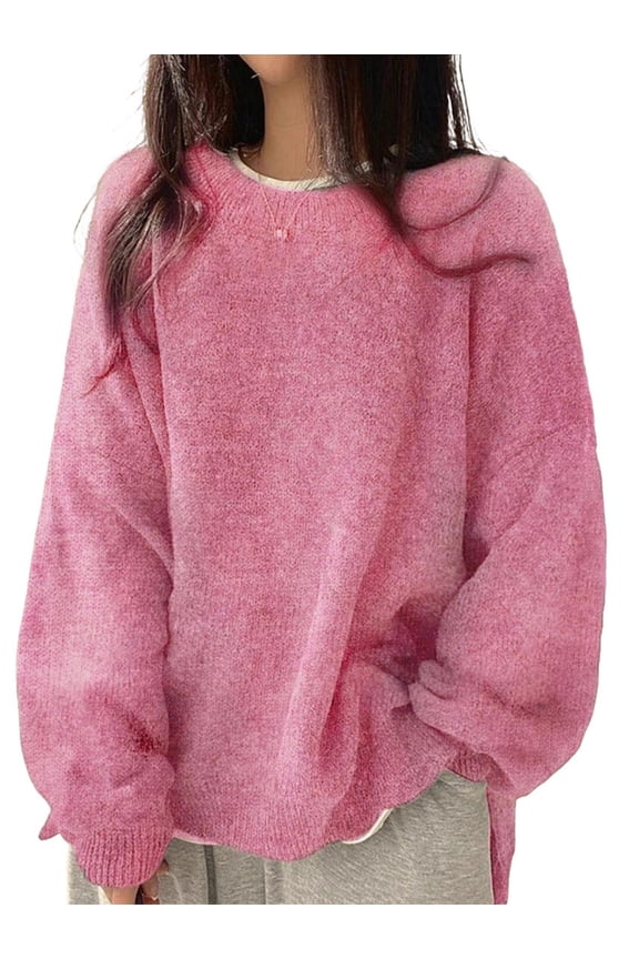 Women'S Oversized Sweaters Long Sleeve Crew Neck Fuzzy Knit Casual Chunky Pullover Sweater Fall Pink XXL