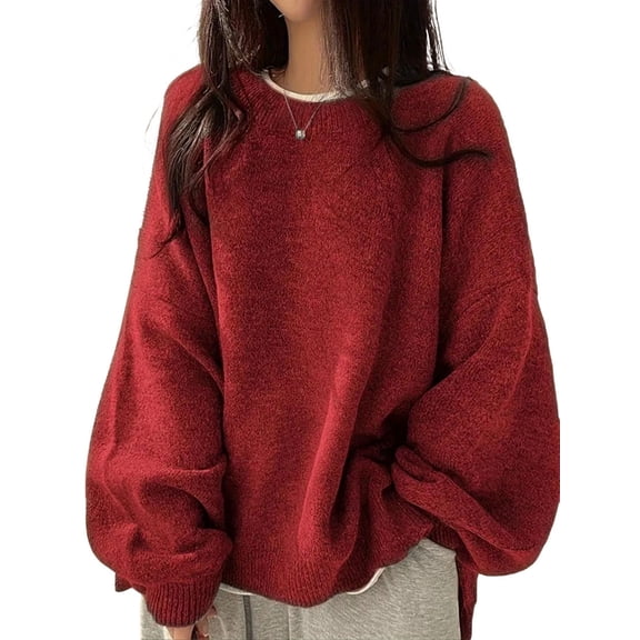 Women'S Oversized Sweaters Long Sleeve Crew Neck Fuzzy Knit Casual Chunky Pullover Sweater Fall Red L