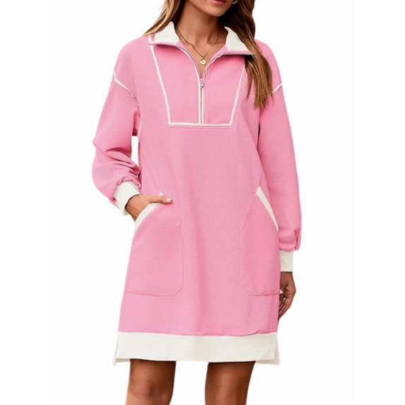 Women'S Oversized Sweatshirt Dress Half Zip V Neck Long Sleeve Contrast Fall Casual Mini Dresses Pink M