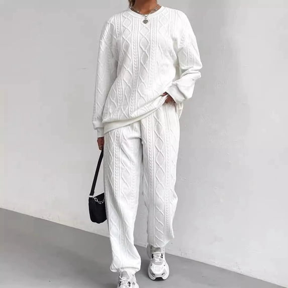 Women'S Oversized Sweatshirt & Joggers Set Cozy Cable Knit Loungewear, Trendy Winter Christmas Outfit Long Pants And Long-Sleeved Home Wear Set Black M