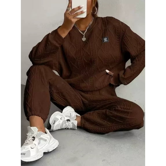 Women'S Oversized Sweatshirt & Joggers Set Cozy Cable Knit Loungewear, Trendy Winter Christmas Outfit Long Pants And Long-Sleeved Home Wear Set Coffee-Colored S