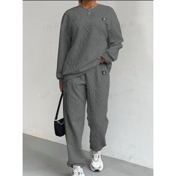 Women'S Oversized Sweatshirt & Joggers Set Cozy Cable Knit Loungewear, Trendy Winter Christmas Outfit Long Pants And Long-Sleeved Home Wear Set Grey XL