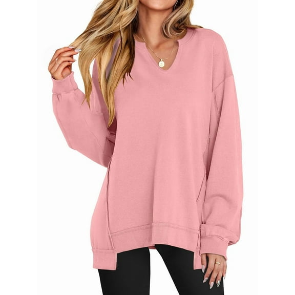 Women'S Oversized Sweatshirts Long Sleeve Shirts V Neck Loose Pullover 2025 Trendy Fall Outfit Pink XXL