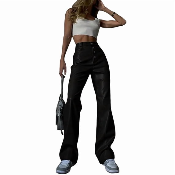 Women'S PU Leather Pants High Waist Flared Leggings Gothic Streetwear Fashion Baggy Trousers Black S