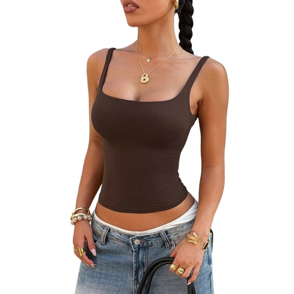 Women'S Padded Square Neck Tank Tops Summer Double Layer Basic Sleeveless Tank Shirts Brown M