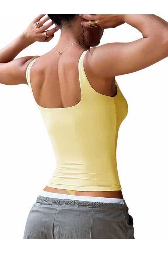 Women'S Padded Square Neck Tank Tops Summer Double Layer Basic Sleeveless Tank Shirts Light Yellow S