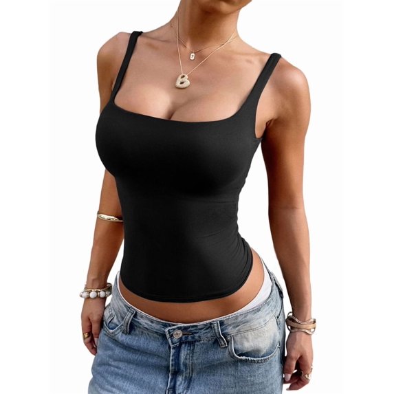 Women'S Padded Square Neck Tank Tops Summer Double Layer Basic Sleeveless Tank Shirts