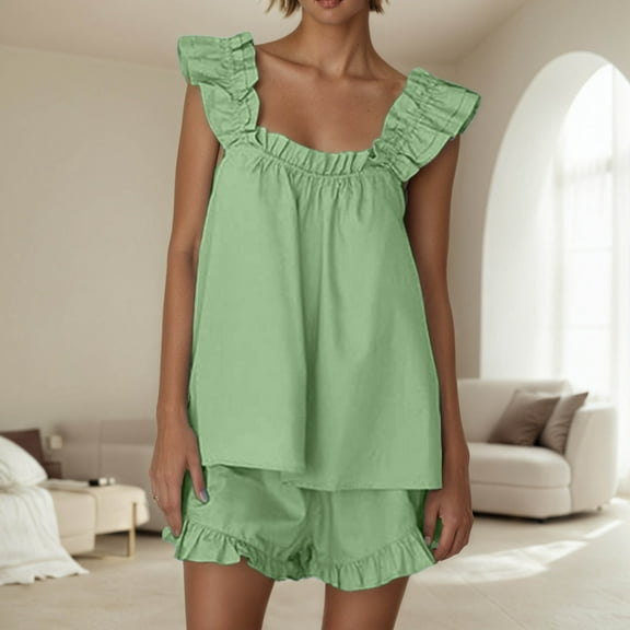 Women'S Pajama Sets 2 Piece Outfits Sleeveless Sleepwear Ruffle Crop Top And Casual Shorts Loungewear Outfit Green L