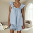 thumbnail image 1 of Women'S Pajama Sets 2 Piece Outfits Sleeveless Sleepwear Ruffle Crop Top And Casual Shorts Loungewear Outfit Light Blue S, 1 of 6