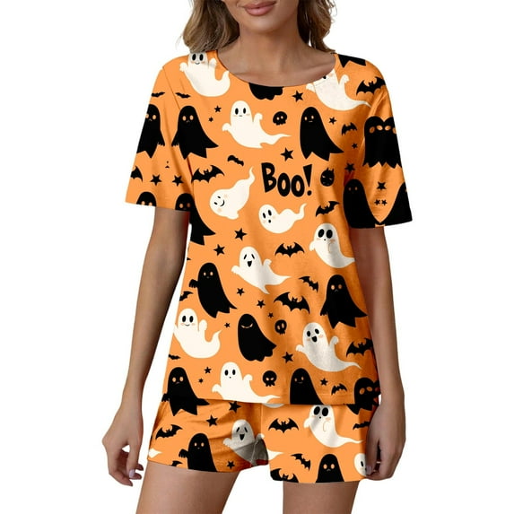 Women'S Pajama Sets Halloween 2 Pcs Milk Fiber Pajamas For Women Pumpkin Ghost Printed Button Down Womens Pajama Sets Shorts Lounge Sets Womens Night Shirts For Sleeping