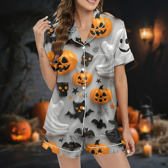 Women'S Pajama Sets Halloween 2 Pcs Satin Pajamas For Women Pumpkin Ghost Printed Button Down Womens Short Sets Womens Loungewear Cute Pajamas