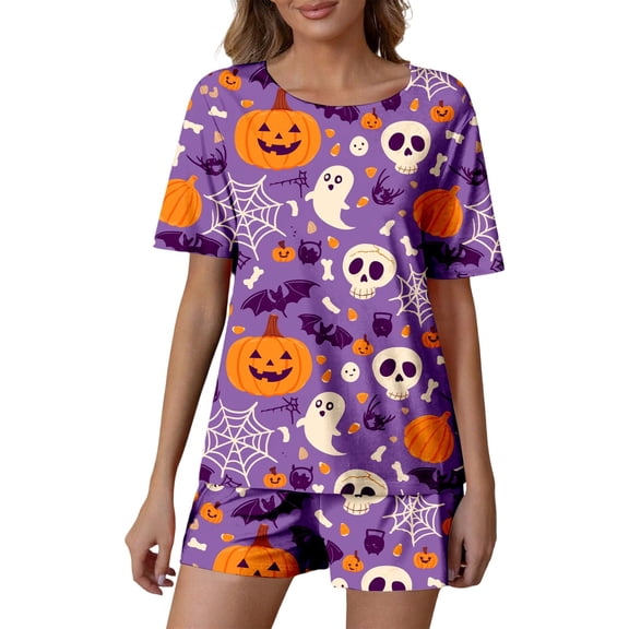 Women'S Pajama Sets Halloween 2 Piece Milk Fiber Soft Sleepwear Outfits Bat Skeleton Printed Button Down Womens Pajamas Shorts Set Lounge Wear For Women Womens Sleepwear