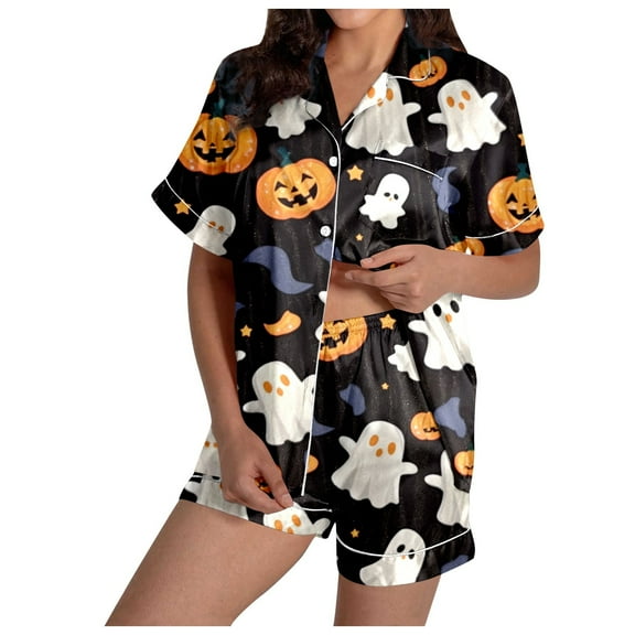 Women'S Pajama Sets Halloween 2 Piece Satin Pajama Set Bat Skeleton Printed Button Down Short Sets For Women Lounge Sets Womens Pjs Sets