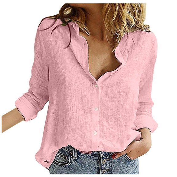 Women'S Pajama Tops, Loose Blouses Casual Solid Lapel V Neck Long Sleeve Button Down Linen Shirt Lightweight Tops Dressy Green Crop Tops For Women Trendy Business Casual (5XL, Pink) ZMTing