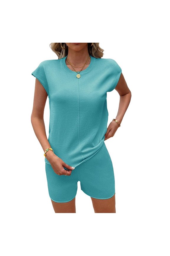 Women'S Pajamas Cap Sleeve Knit Lounge Set 2 Piece Soft Pjs Loungewear Sweater Sets Blue M