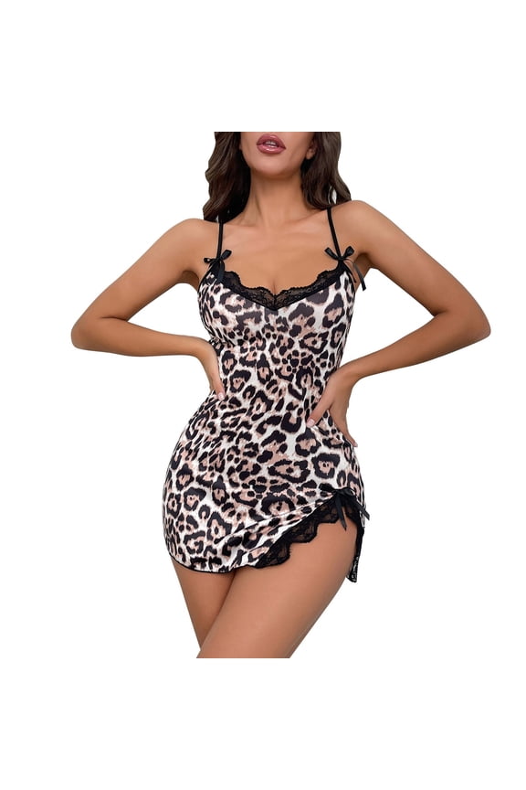 Women’S Pajamas Leopard Print Lingerie Milk Silk Strap Ladies Nightgowns,Light Pink,S
