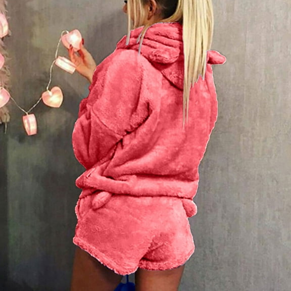 Women'S Pajamas Set Solid Velvet Long Sleeve Hoodie Tops Set And Elastic Waist Shorts Home Pajamas Watermelon Red S
