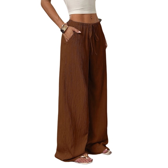 Women'S Palazzo Pants Summer High Waisted Wide Leg Drawstring Flowy Beach Trousers with Pockets Brown L