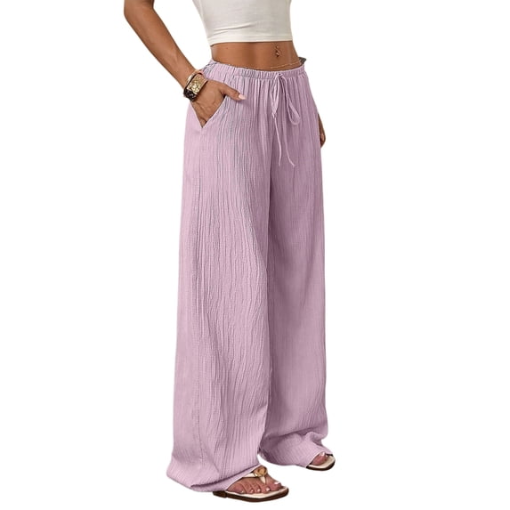 Women'S Palazzo Pants Summer High Waisted Wide Leg Drawstring Flowy Beach Trousers with Pockets Navy Blue M