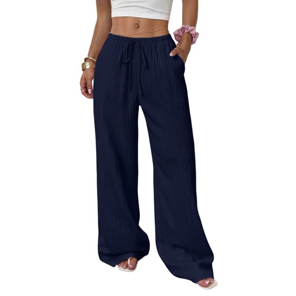 Women'S Palazzo Pants Summer High Waisted Wide Leg Drawstring Flowy Beach Trousers with Pockets