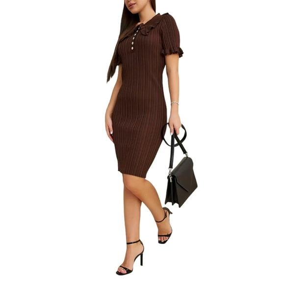 Women'S Pan Collar French Retro Knit Dress with Ruffle Trim Button Front Elegant Style Brown S