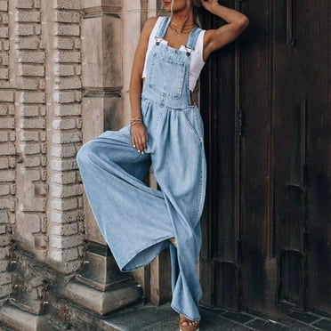 Women'S Pants Under $20 Plus Size Denim Overalls For Women Solid Casual Loose Long Bib Pants Wide Leg Jumpsuits Baggy Tank Top Jumpsuit With Pockets Light Blue Xl