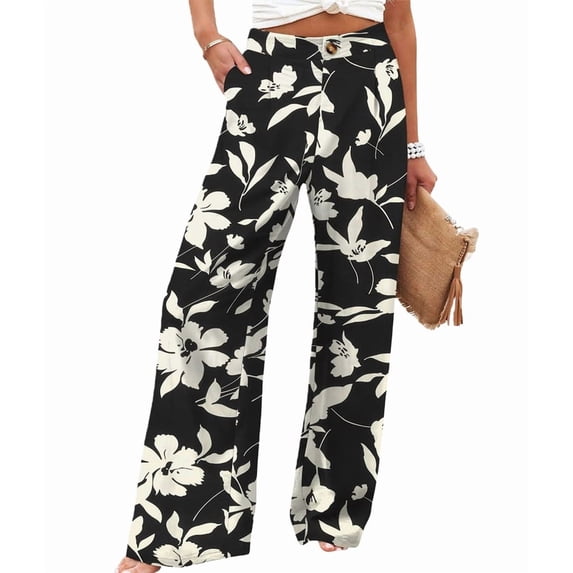 Women'S Pants Casual Button Up High Waisted Wide Leg Trousers Black Flower S