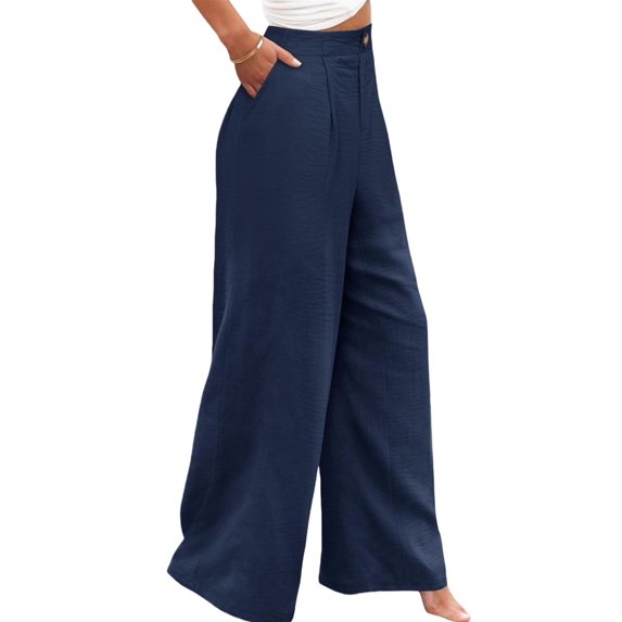 Women'S Pants Casual Button Up High Waisted Wide Leg Trousers Navy Blue L