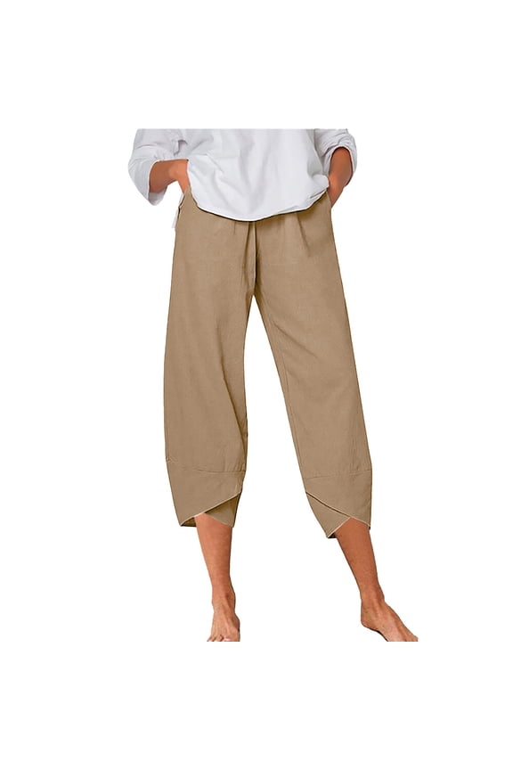 Women'S Pants Casual Summer Elastic High Waist Linen Pants Straight Leg Wide Leg Cropped Pants Harem Pants for plus Size Women plus Size Lined Leggings 3x Size 3x Leggings for Women Casual plus Cargo