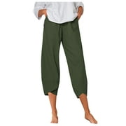Women'S Pants Casual Summer Elastic High Waist Linen Pants Straight Leg Wide Leg Cropped Pants Lane Online