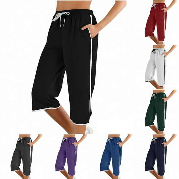 Women'S Pants Summer Striped Solid Loose Fit Capris Joggers Slimming Mid Waist Sport Trouser Black Lounge Pajama Pant L
