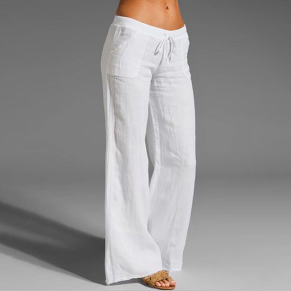 MPWEGNP Women's Pants Women Casual Solid Cotton Linen Elastic Waist ...