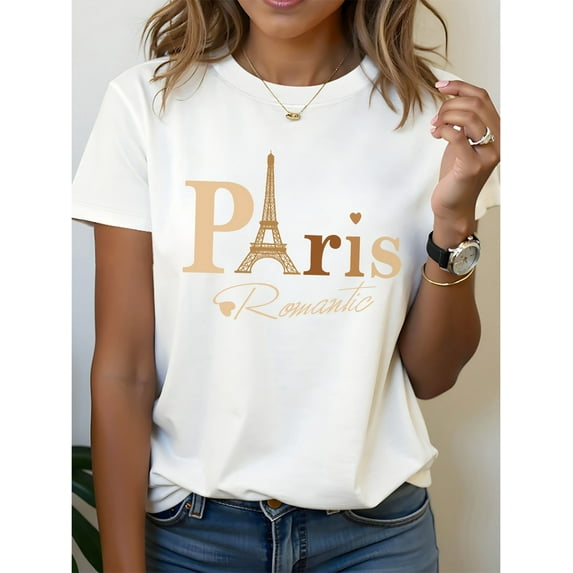 Women'S "Paris Romantic" Graphic Tee - Pink Casual Short Sleeve Crew Neck T-Shirt with Eiffel Tower Print, Spring/Summer Fashion Top for Casual Attire, Ladies T Shirts