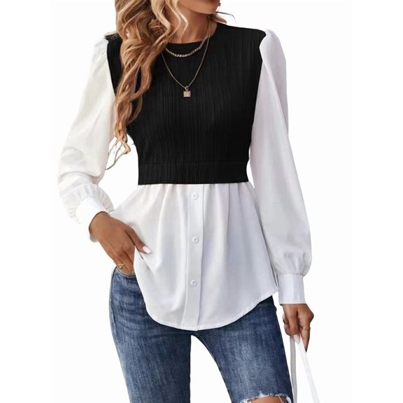 Women'S Patchwork Button-Down Shirt Long Sleeves Crew Neck Two-in-One Ribbed Pullover Ruffled Top Blouse Black L